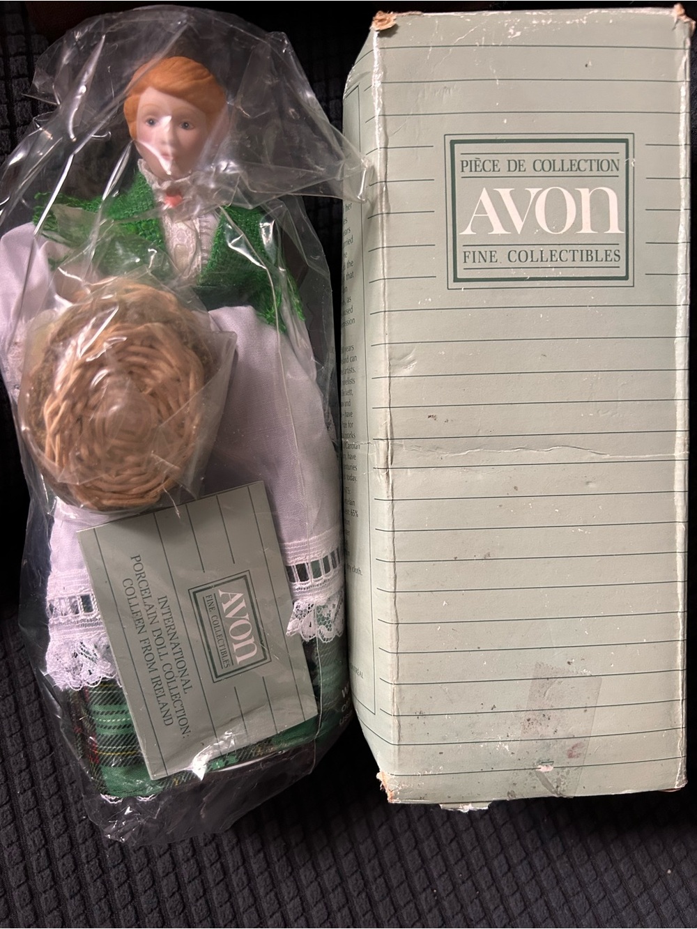 Avon Porcelain Doll in Green and White Outfit with Basket